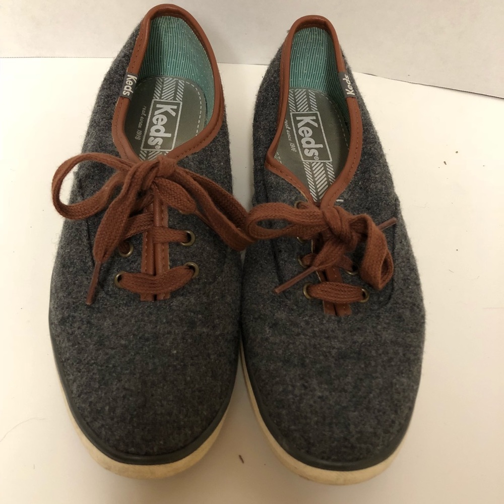 Gray and brown leather gray keds sneakers